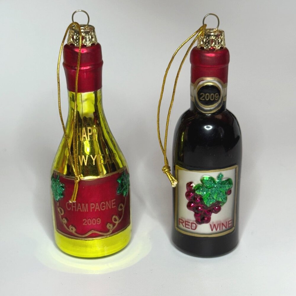 Blown Glass Christmas Ornaments Red Wine & Champagne Bottles 2009